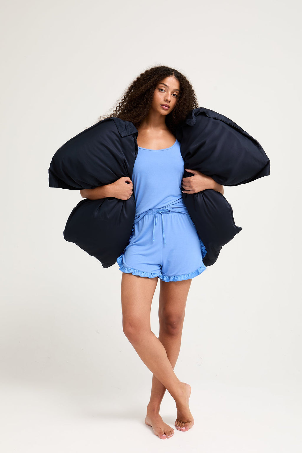 Bamboo Frill Cami Short Pyjama Set in Cornflower Blue