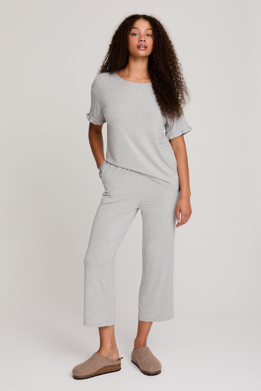 Bamboo Frill Tee Trouser Set in Gray Marl