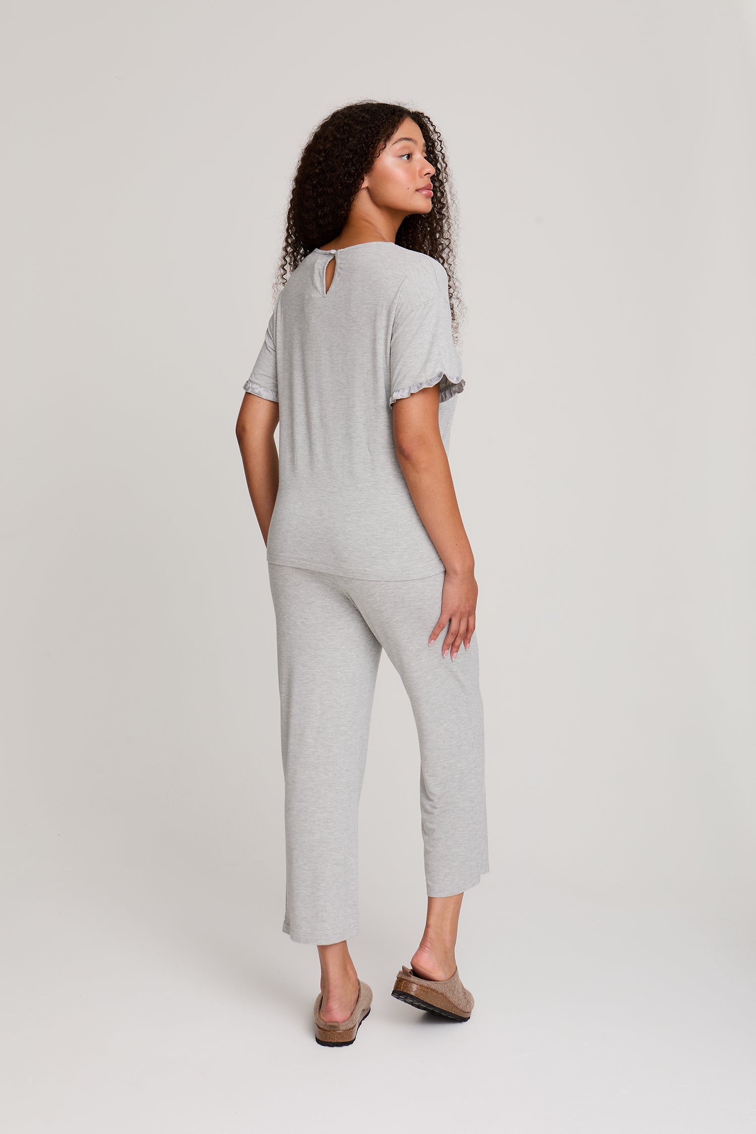 Bamboo Frill Tee Trouser Set in Gray Marl