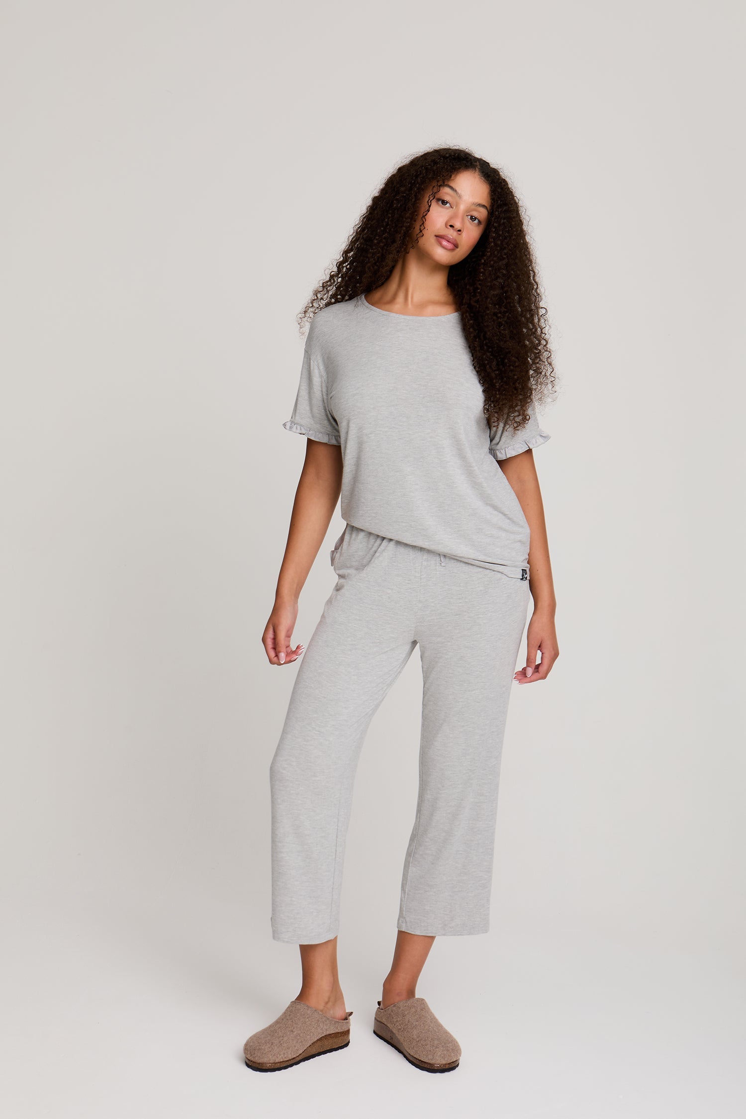 Bamboo Frill Tee Trouser Set in Gray Marl