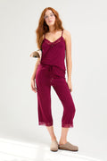 Bamboo Lace Cami Cropped Trouser Pajama Set in Bordeaux