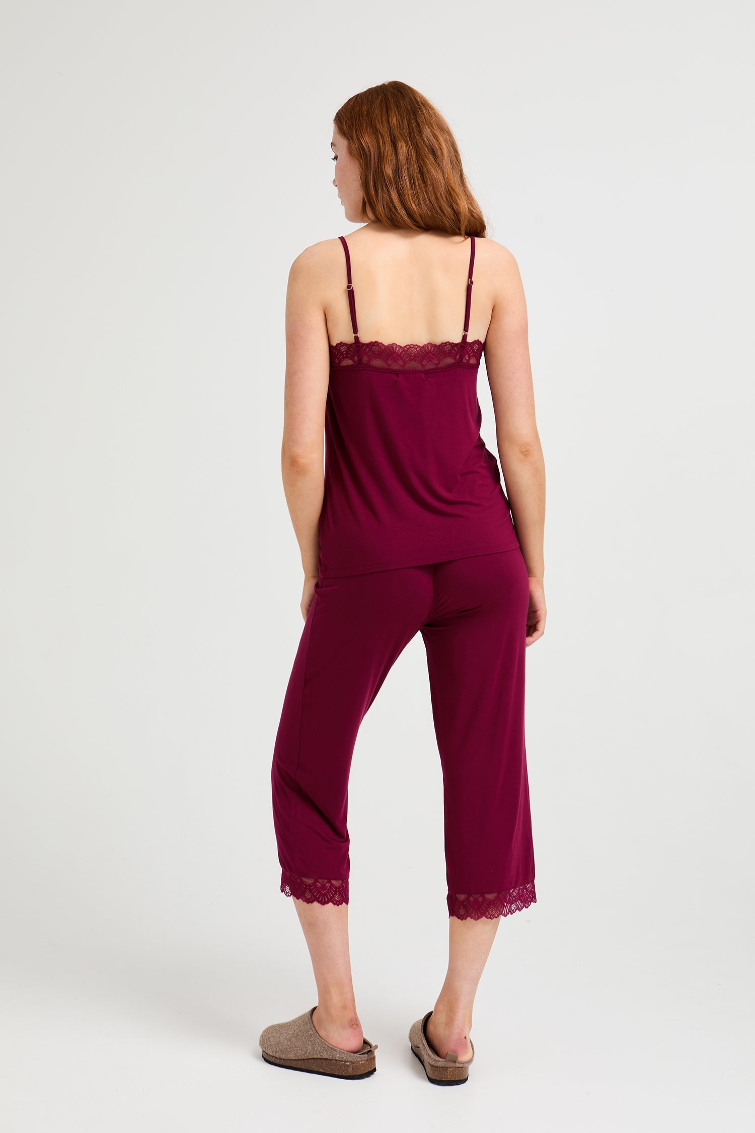 Bamboo Lace Cami Cropped Trouser Pajama Set in Bordeaux