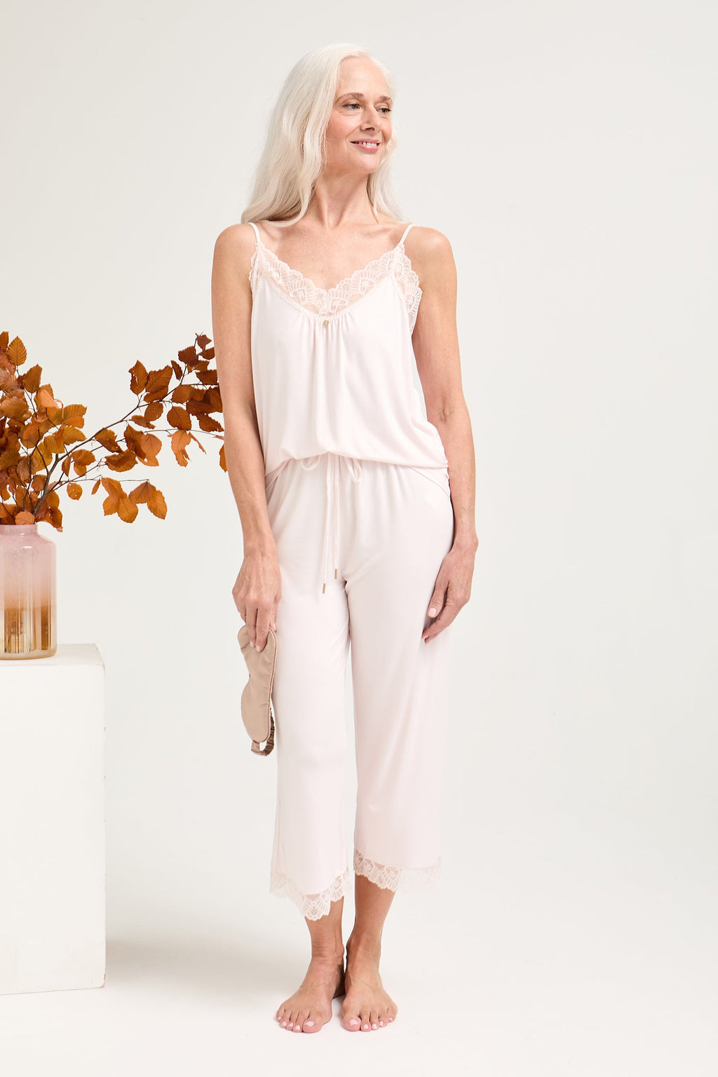 Bamboo Lace Cami Cropped Trouser Pajama Set in Powder Puff