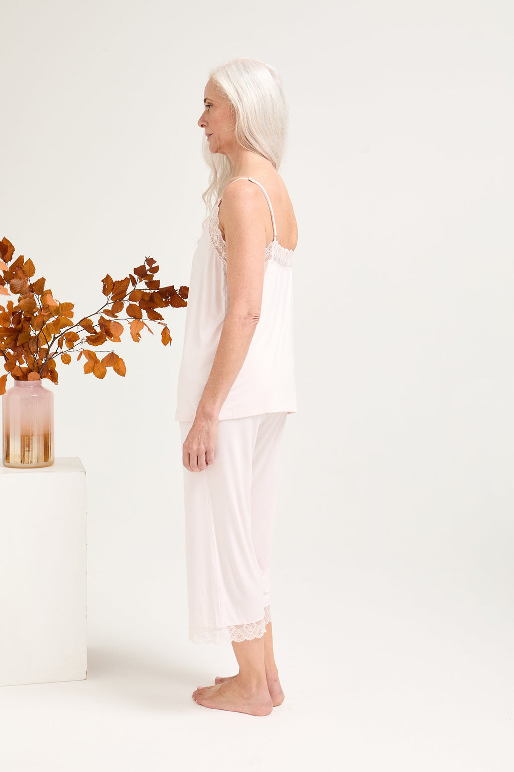 Bamboo Lace Cami Cropped Trouser Pajama Set in Powder Puff