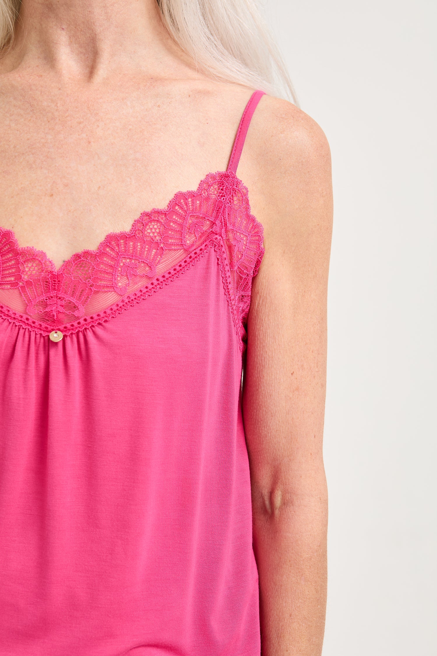 Bamboo Lace Cami Cropped Trouser Pajama Set in Raspberry