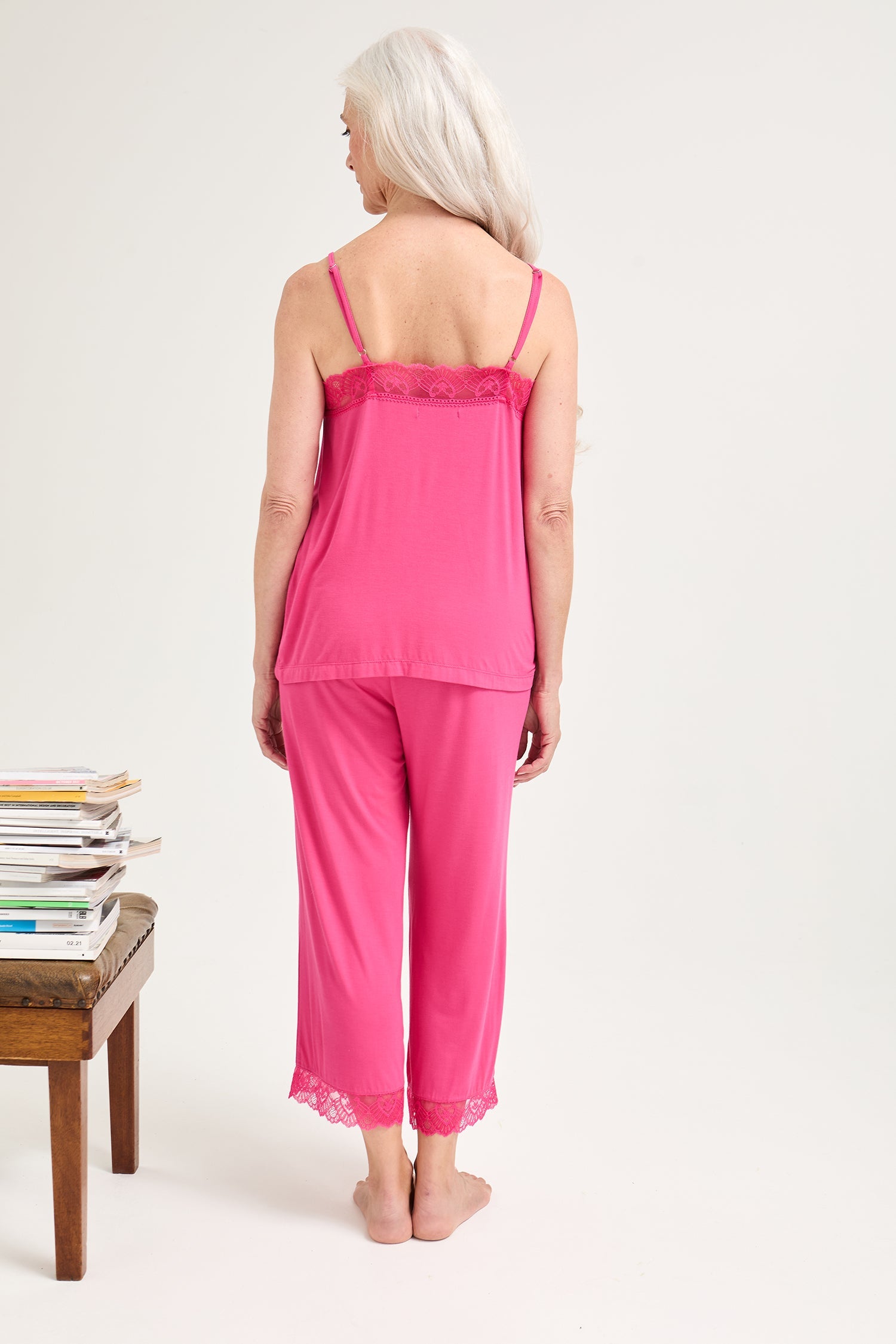 Bamboo Lace Cami Cropped Trouser Pajama Set in Raspberry