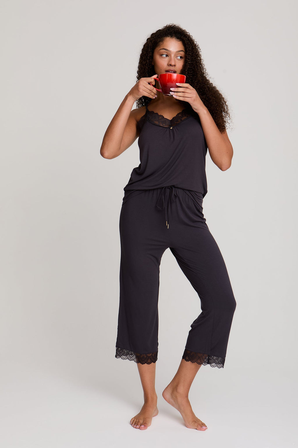 Bamboo Lace Cami Cropped Trouser Pajama Set in Raven