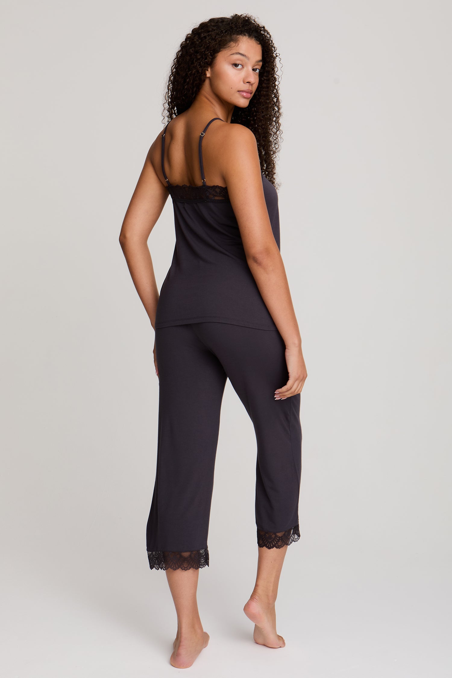 Bamboo Lace Cami Cropped Trouser Pajama Set in Raven