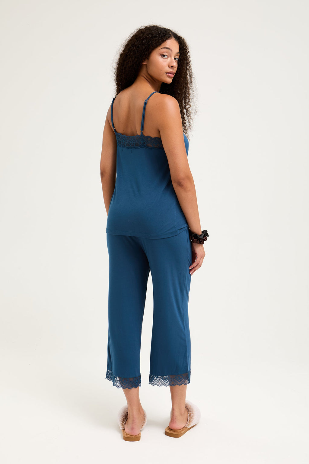 Bamboo Lace Cami Cropped Trouser Pajama Set in Teal