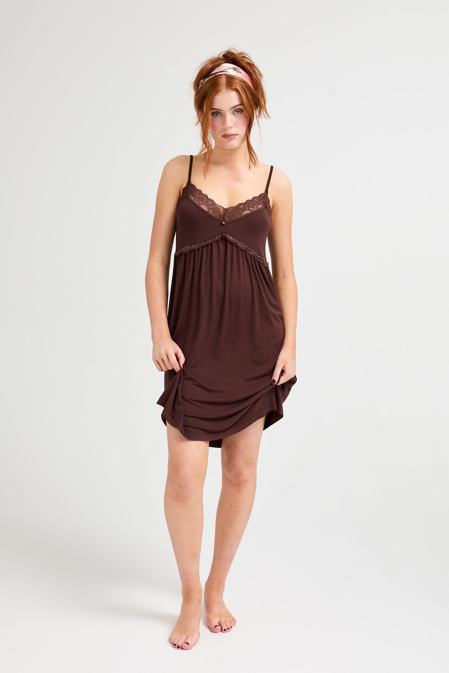 Bamboo Lace Chemise Nightdress in Chocolate