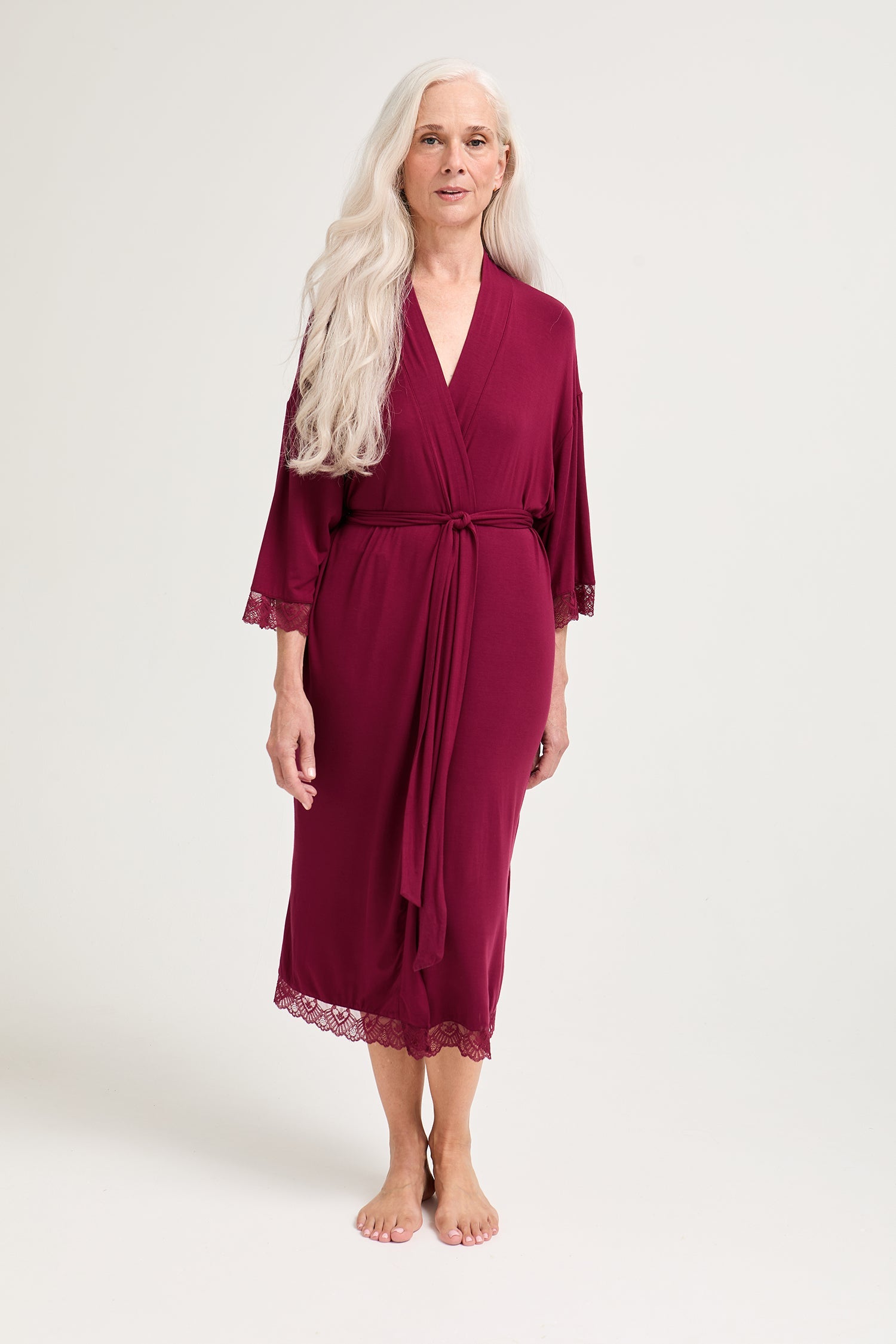 Bamboo Lace Kimono Robe in Bordeaux